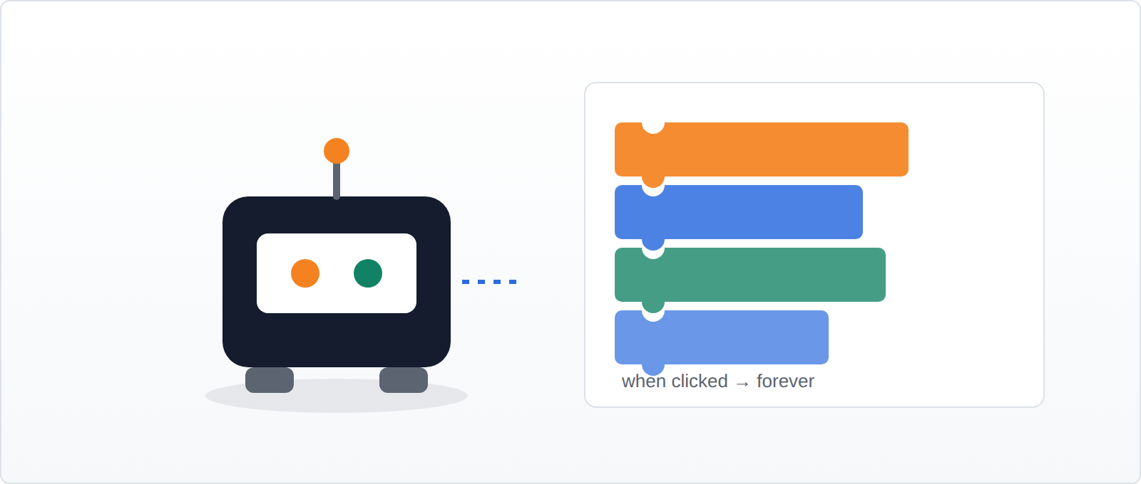 A child's learning robot beside a stack of Scratch code blocks