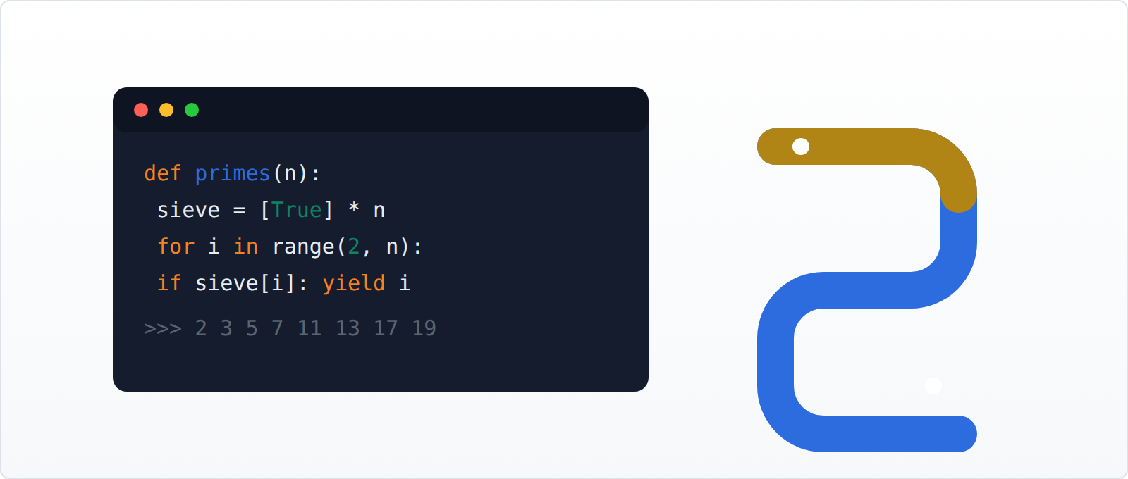 A terminal running Python code beside a stylised snake
