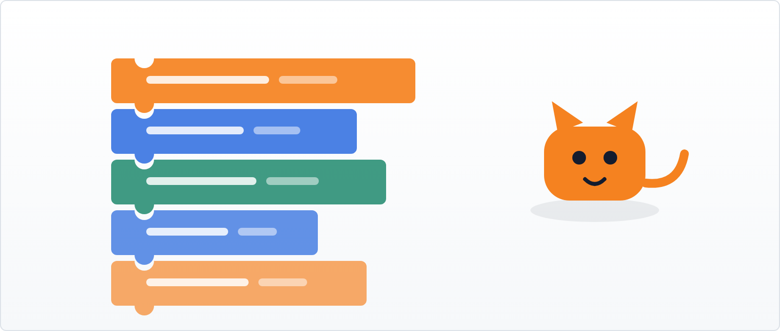 Colored code blocks snapping together into a Scratch script