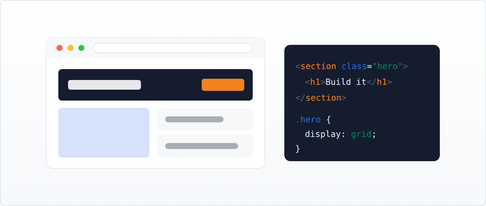 A web page laid out in a browser beside the HTML and CSS behind it