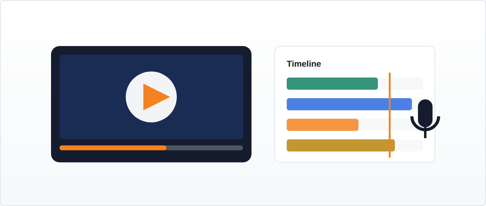 A video player beside an editing timeline and a microphone