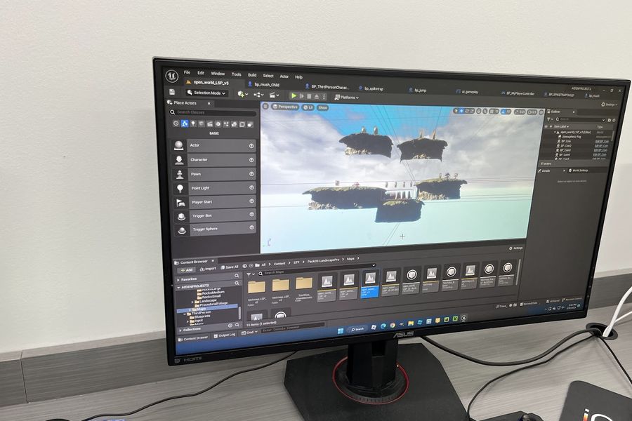 A powerful desktop computer running a 3D game engine